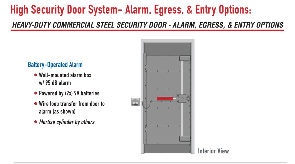 commercial security door with battery operated alarm