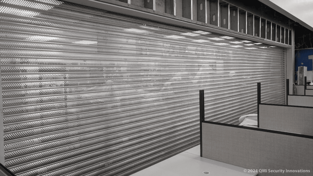 wide shutters protecting a pharmacy counter
