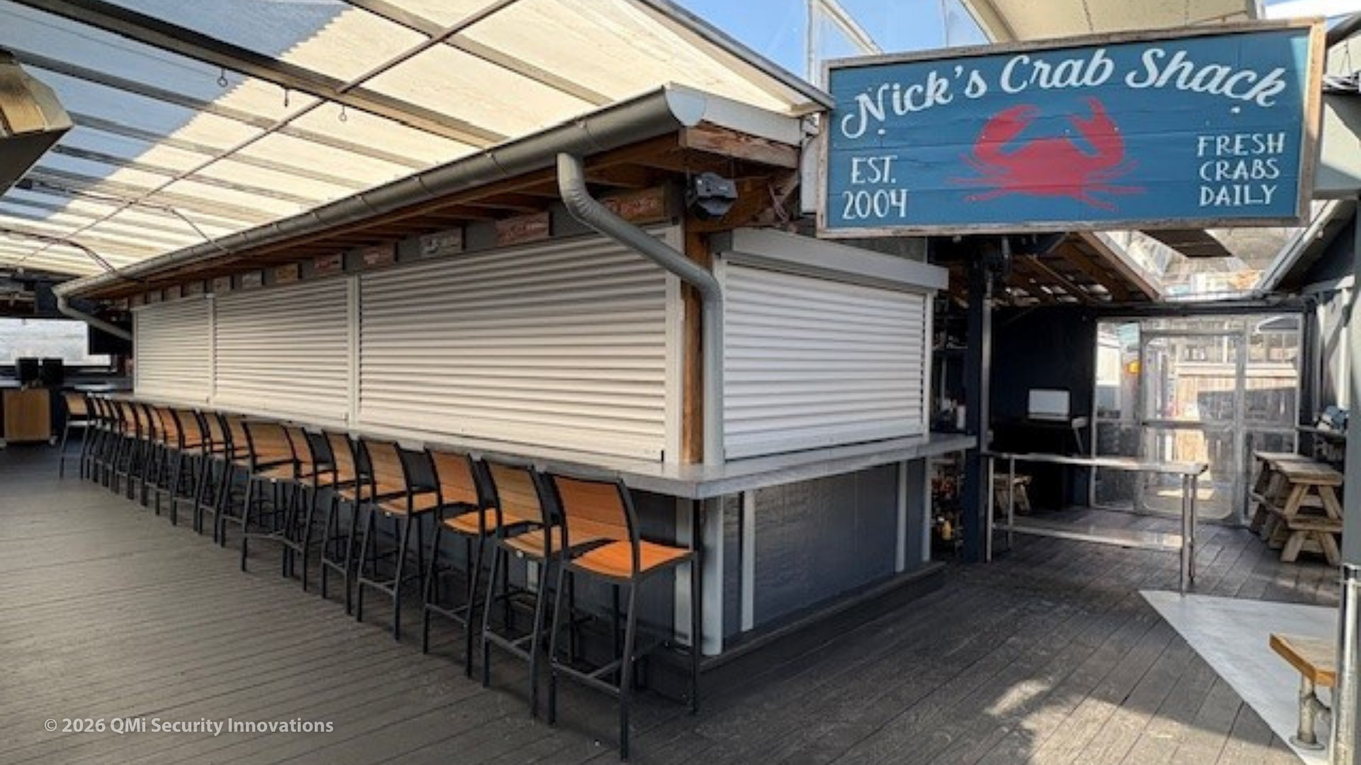 security shutters protecting an outdoor restaurant countertop
